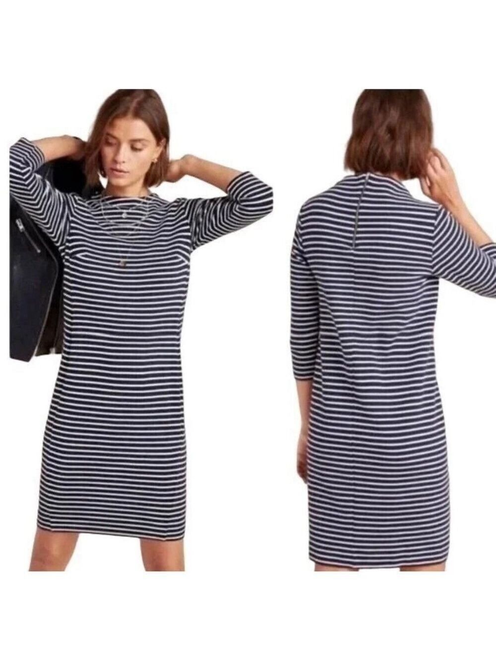 Anthropologie Seen Worn Kept Womens Navy Striped Mock Neck Dress Size 12